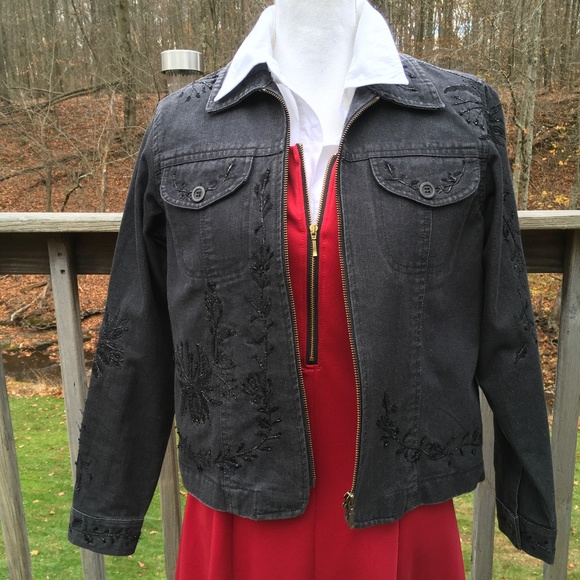 Coldwater Creek size PS 100% cotton black jean jacket w/decorative stitching - Picture 1 of 5
